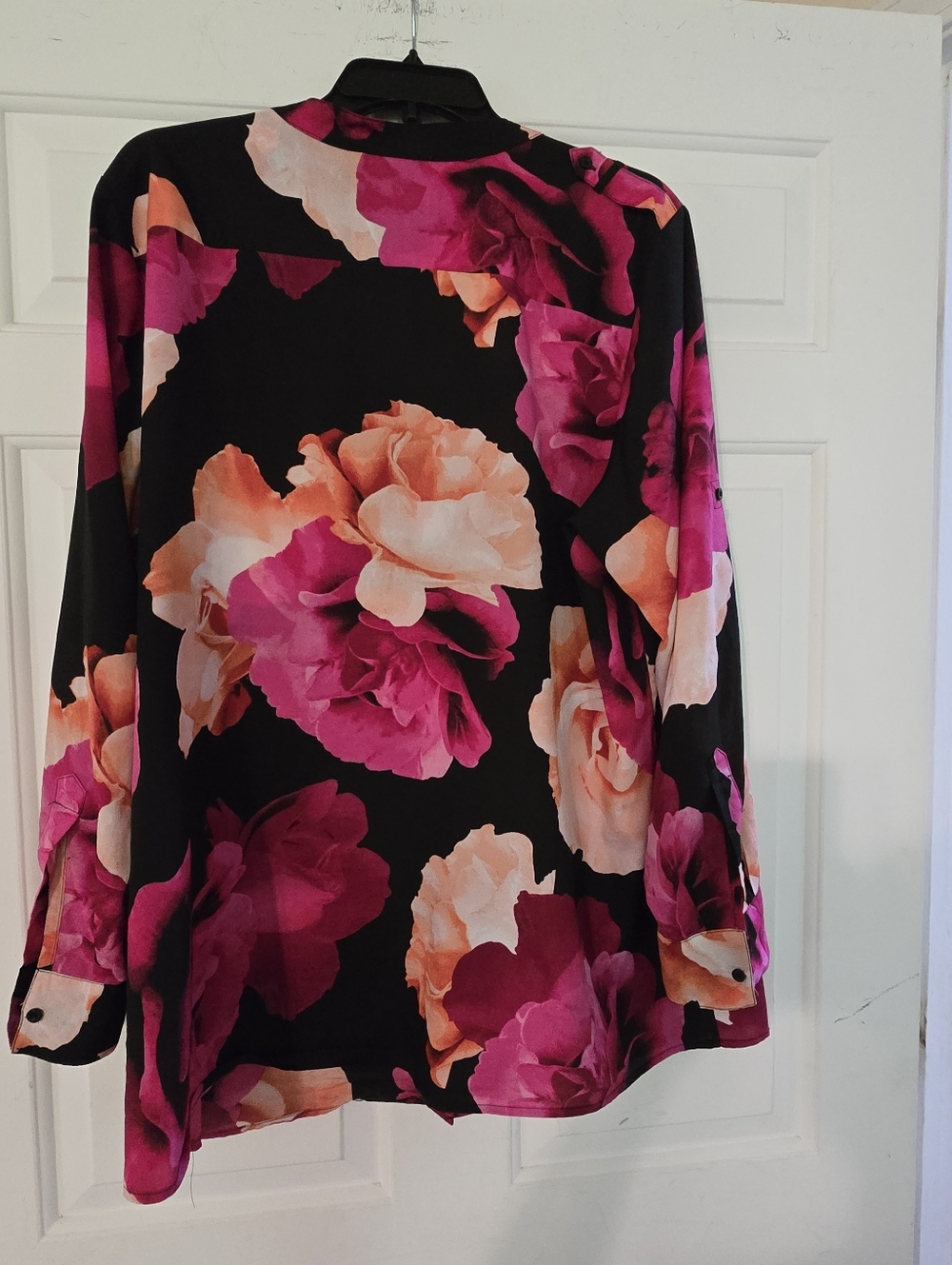 Calvin Klein Black Button-Front Blouse with Magenta & Peach Floral Print - Picture 3 of 3